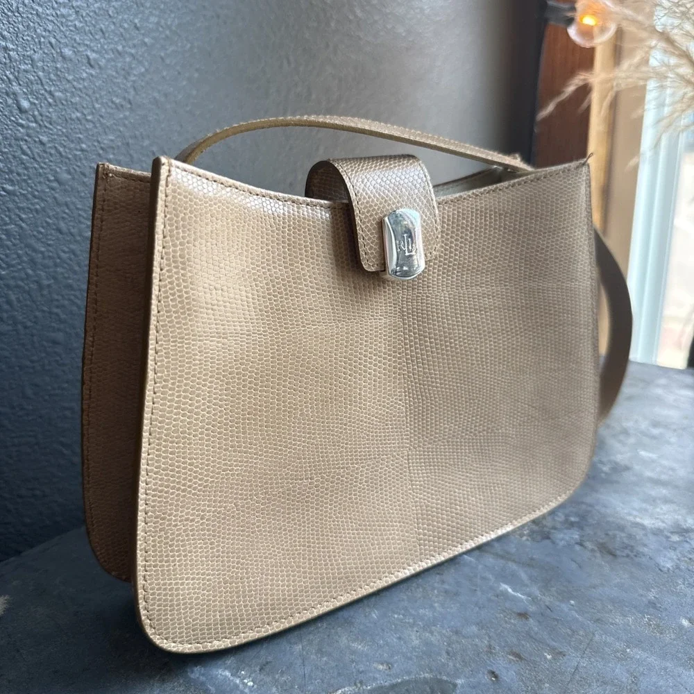 Lauren Ralph Lauren Snakeskin Shoulder Bag Tan Brown Leather Silver Hardware Vtg